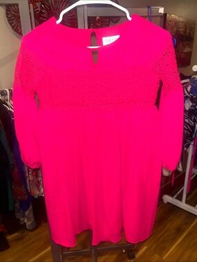 Blush Hot Pink Crochet-Yoke Long Sleeve short dress or blouse